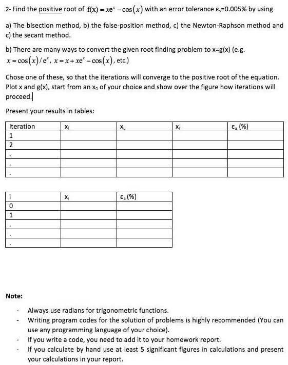 Solved 2 Find The Positive Root Of F X Xe Cos With An Error Tolerance A 0 005 By Using A The Bisection Method B The False Position Method C The Newton Raphson Method And C The