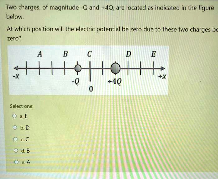 Two charges, of magnitude -Q and +4Q, are located as indicated in the figure below.
At which position will the electric potential be zero due to these two charges be zero?
-X A B C D E +X
-Q 0 +4Q
Select one:
a. E
b. D
c. C
d. B
e. A