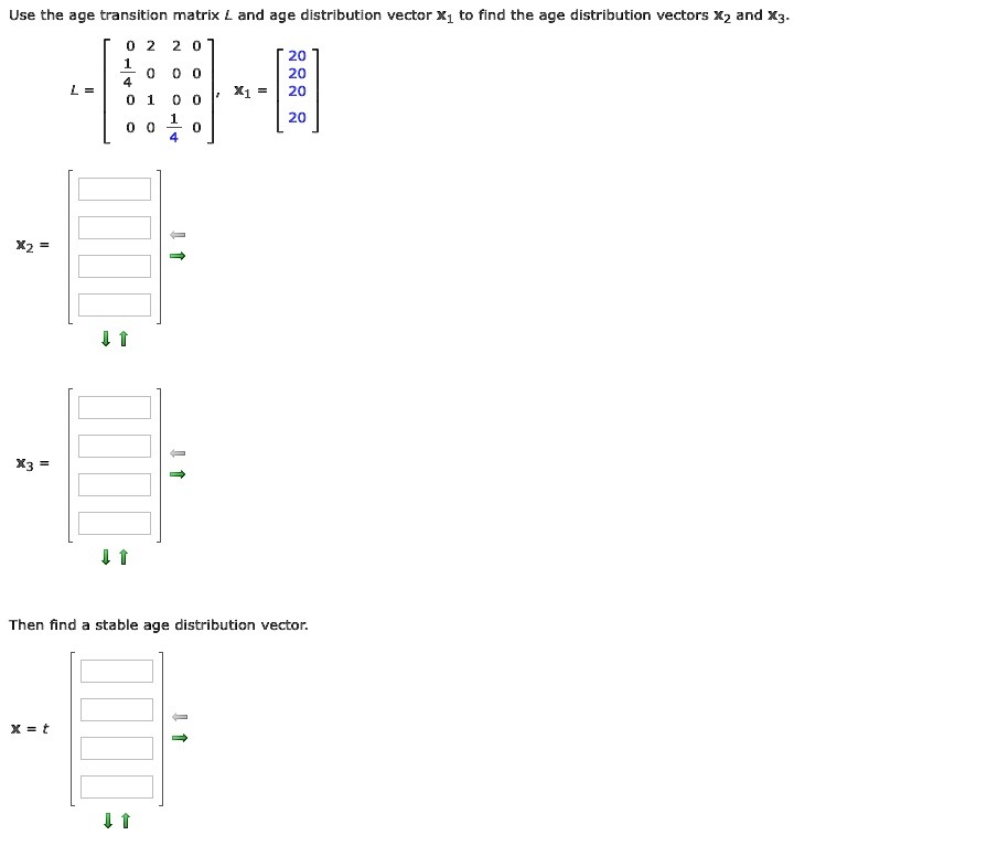 SOLVED: Use the age transition matrix and age distribution vector X1 to ...