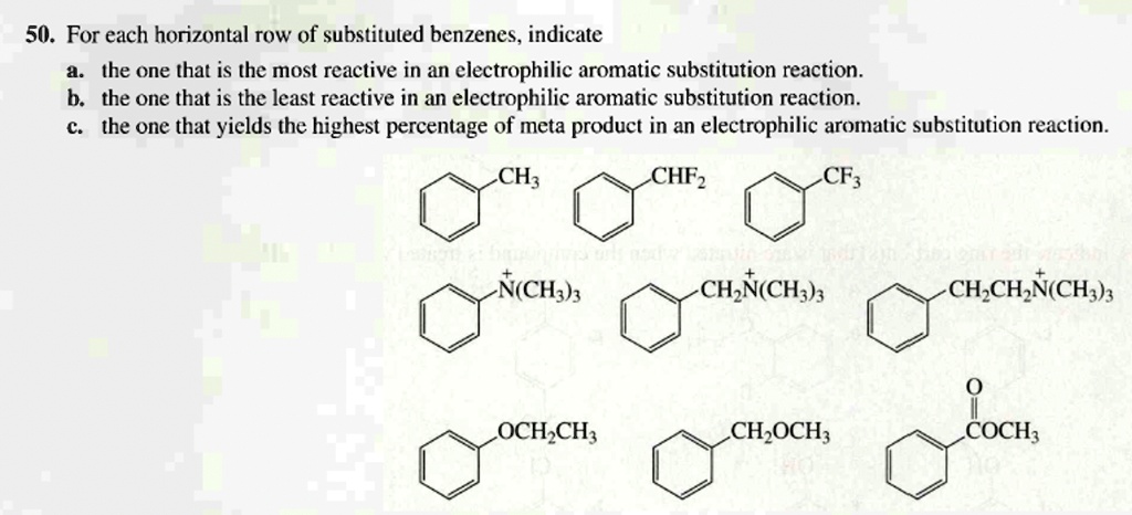 50. For each horizontal row of substituted benzenes, indicate
a. the one that is the most reactive in an electrophilic aromatic substitution reaction.
b. the one that is the least reactive in an electrophilic aromatic substitution reaction.
c. the one that yields the highest percentage of meta product in an electrophilic aromatic substitution reaction.