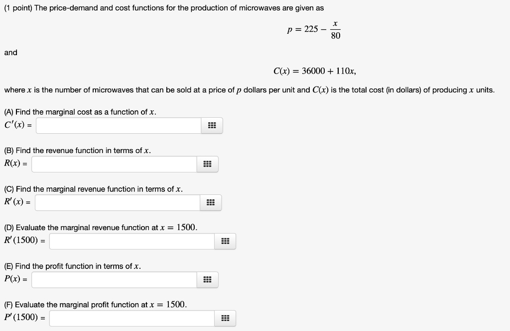 The pricedemand and cost functions for the production of microwaves are given as p = 225 and C