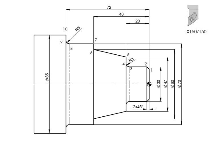 Ø85 10 R3 9 8 6 7 72 48 20 5 R3 4 3 2 1 2x45° Ø30 Ø47 Ø60 Ø70 X150Z150