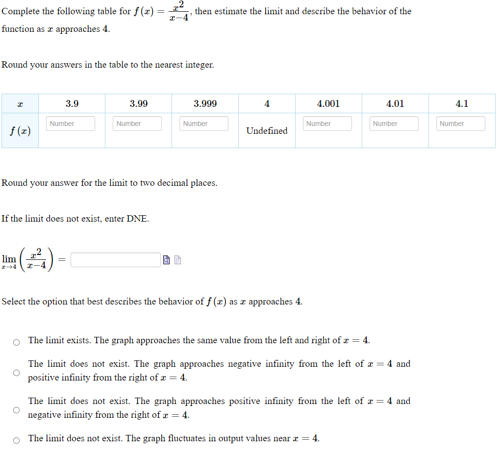Complete the following table for f(x)=(x^2)/(x4), then estimate the