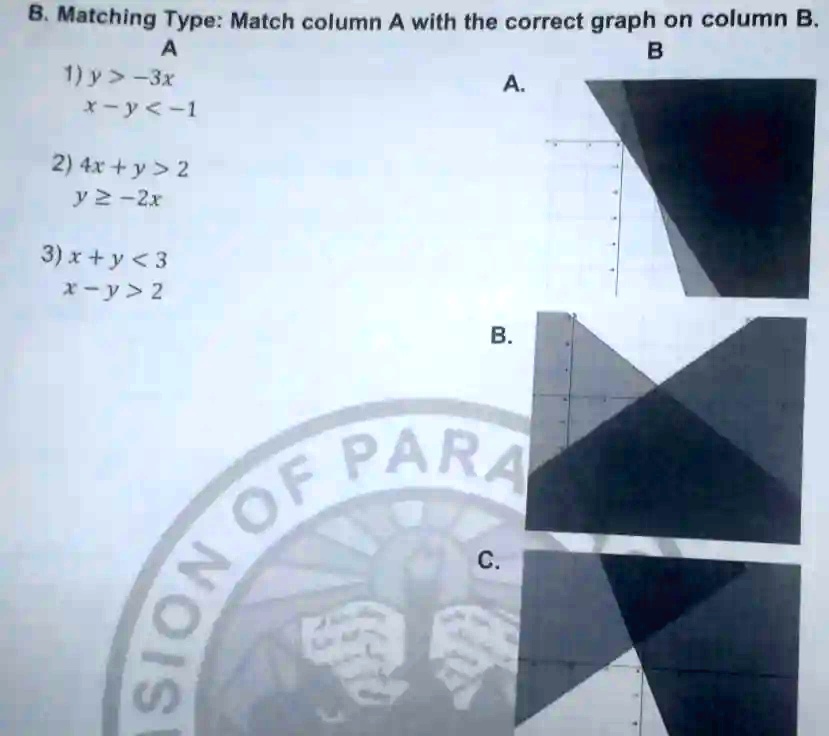 B. Matching Type: Match column A with the correct graph on column B.
A
1) y > -3x
x - y < -1
2) 4x + y > 2
y ≥ -2x
3) x + y < 3
x - y > 2
A.
B.
B
C.