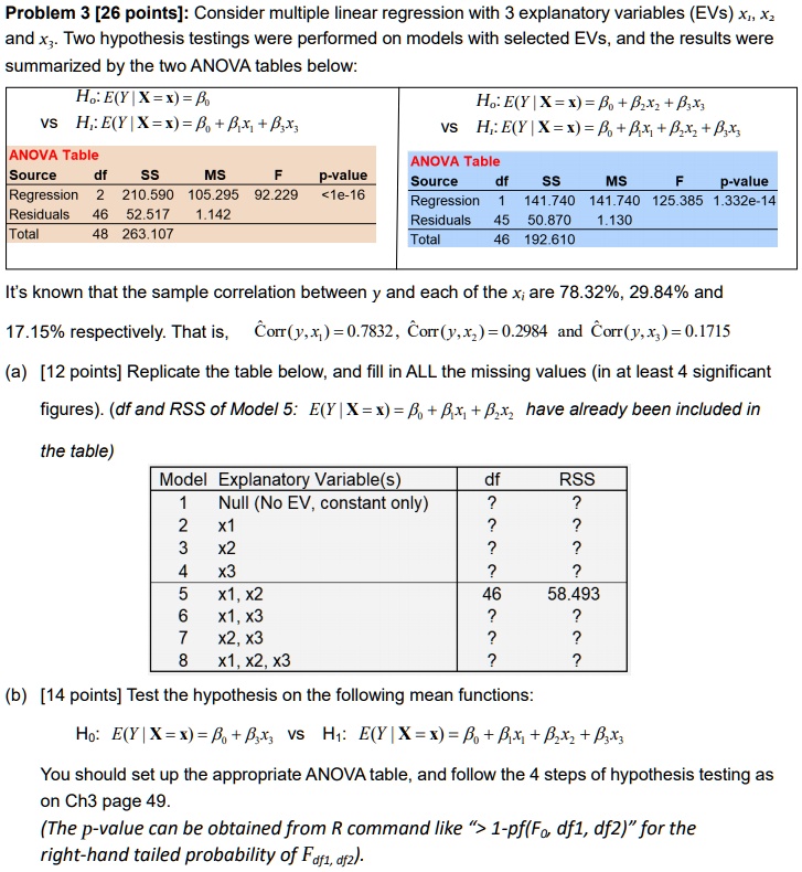 problem 3 26 points consider multiple linear regression with 3 explanatory variables evs x xz and xz two hypothesis testings were performed on models with selected evs and the results were  71339