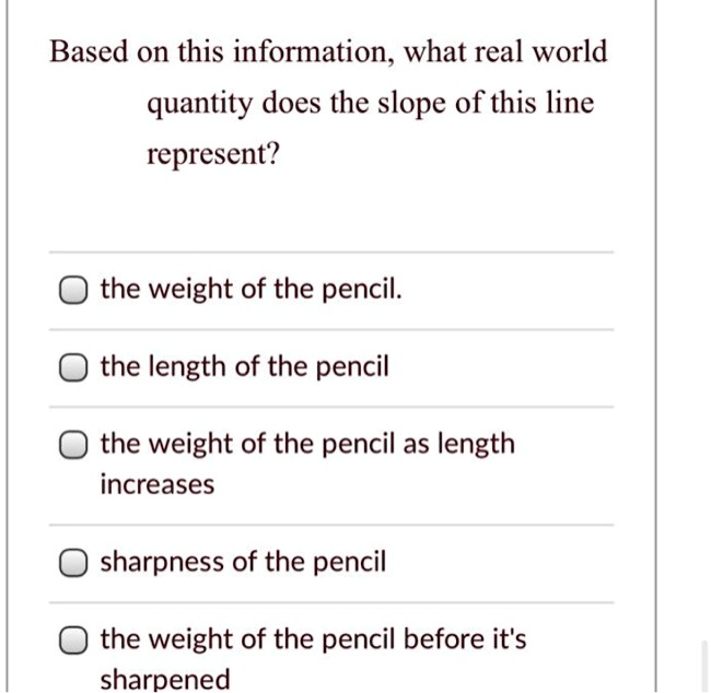 Based on this information, what real world quantity does the slope of this line represent?
the weight of the pencil.
the length of the pencil
the weight of the pencil as length increases
sharpness of the pencil
the weight of the pencil before it's sharpened