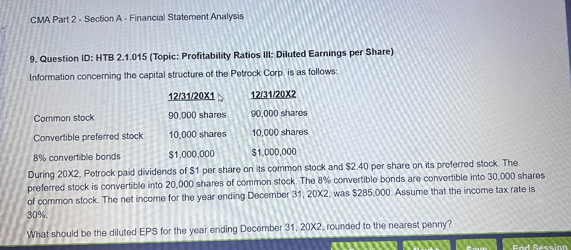 9. Question ID: HTB 2.1.015 (Topic: Profitability Ratios III: Diluted Earnings per Share)
Information concerning the capital structure of the Petrock Corp. is as follows:

12/31/20X1 12/31/20X2
Common stock 90,000 shares 90,000 shares
Convertible preferred stock 10,000 shares 10,000 shares
8% convertible bonds $1,000,000 $1,000,000

During 20X2, Petrock paid dividends of 1 per share on its common stock and2.40 per share on its preferred stock. The preferred stock is convertible into 20,000 shares of common stock. The 8% convertible bonds are convertible into 30,000 shares of common stock. The net income for the year ending December 31, 20X2, was $285,000. Assume that the income tax rate is 30%.
What should be the diluted EPS for the year ending December 31, 20X2, rounded to the nearest penny?