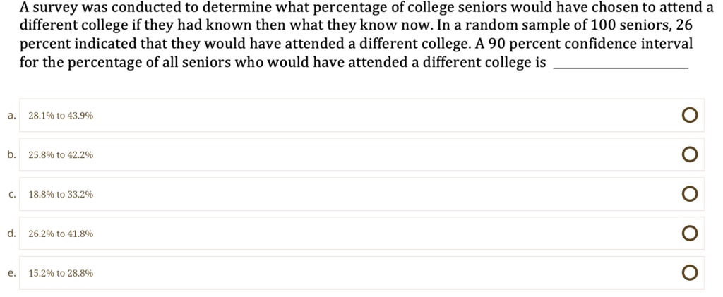 A survey was conducted to determine what percentage of college seniors would have chosen to attend a different college if they had known then what they know now. In a random sample of 100 seniors, 26 percent indicated that they would have attended a different college. A 90 percent confidence interval for the percentage of all seniors who would have attended a different college is
a. 28.1% to 43.9%
b. 25.8% to 42.2%
c. 18.8% to 33.2%
d. 26.2% to 41.8%
e. 15.2% to 28.8%