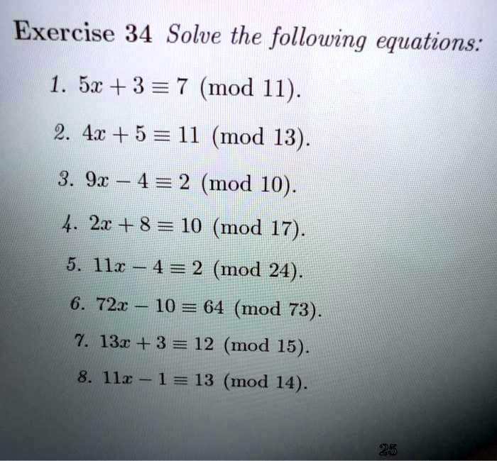 SOLVED: Exercise 34 Solve the following equations: 1. 5r + 3 = 7 (mod ...