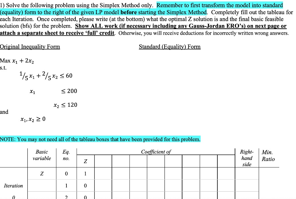 1 solve the following problem using the simplex method only remember to ...