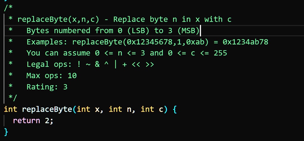 replaceByte(x,n,c) - Replace byte n in x with c. Bytes are numbered ...