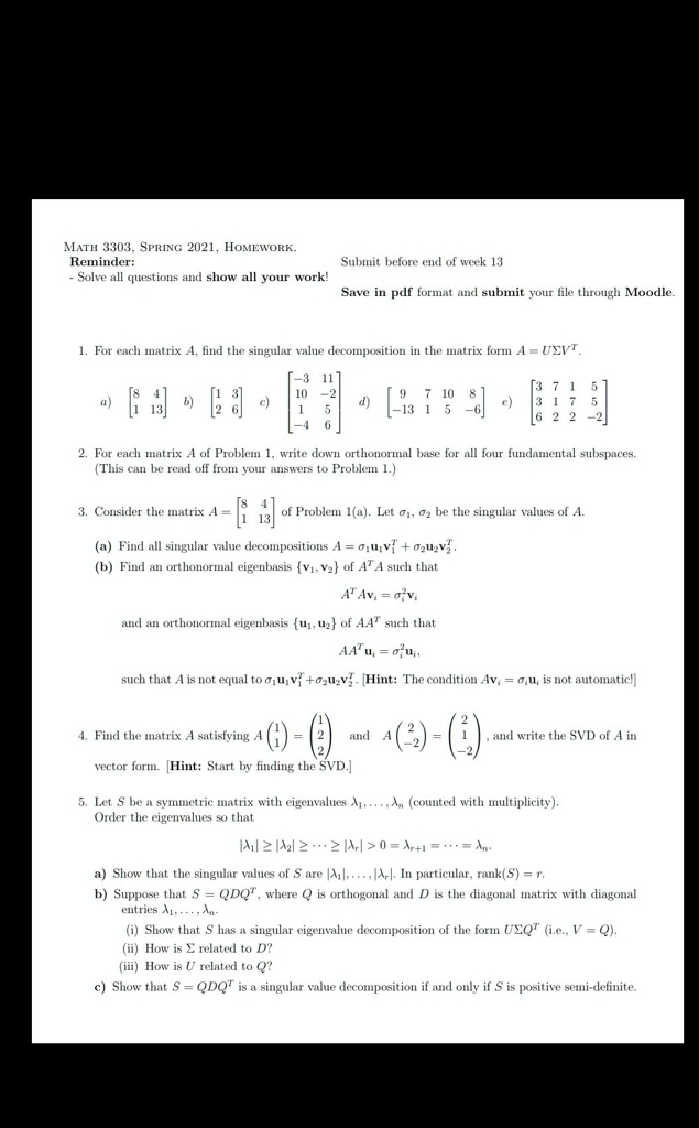 math 3303 spring 2021 honewonk keminder sulnnit before end of week 13 solve all questions ad show all your work save in pdf ormat adl submit your file through moodle for euch hrix litd the s 05403