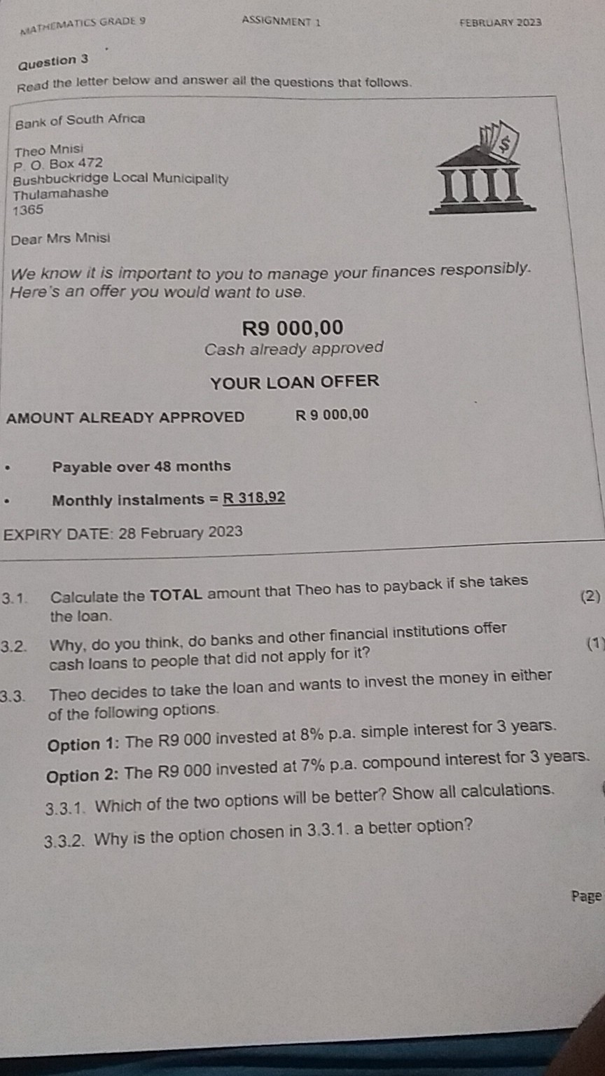 mathematics grade 9 assignment 1 february 2023 answers