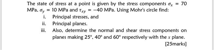 The state of stress at a point is given by the stress components = 70 ...