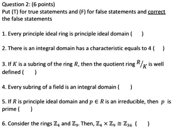 Solved Question 2 6 Points Put T For True Statements And F For False Statements And