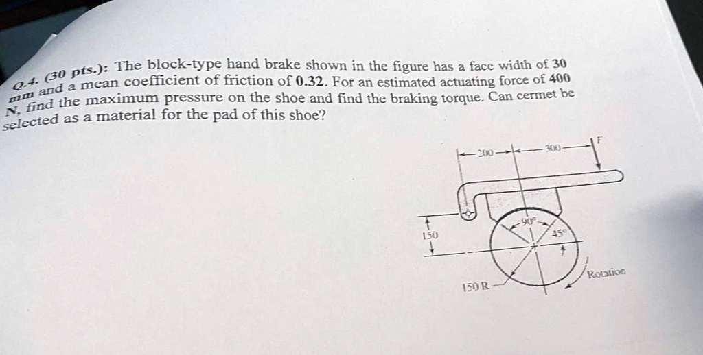 Q.4. (30 pts.): The block-type hand brake shown in the figure has a ...