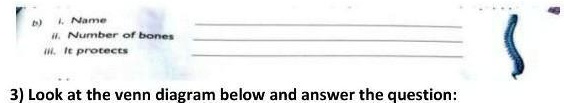 b)

i. Name
ii. Number of bones
iii. It protects
3) Look at the venn diagram below and answer the question: