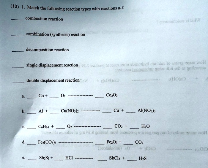 SOLVED Match the following reaction types with reactions af a