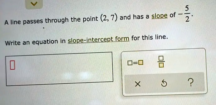 A line passes through the point (2, 7) and has a slope of (-5)/(2).
Write an equation in slope-intercept form for this line.