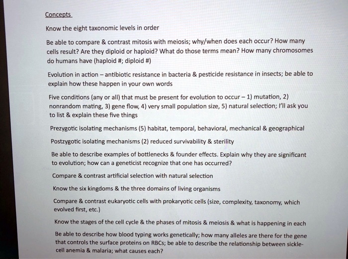SOLVED: Concepts Know the eight taxonomic levels in order Be able to