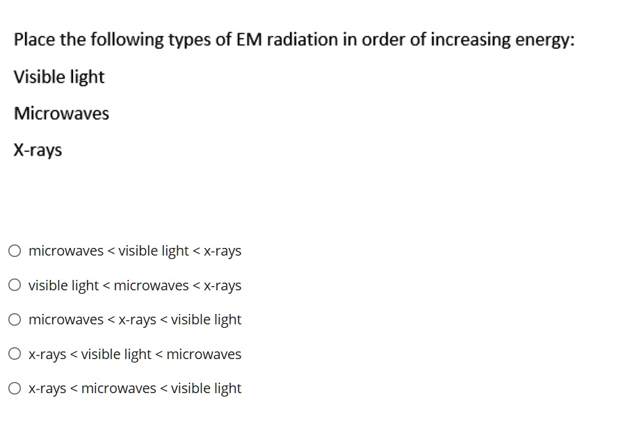 SOLVED Place the following types of EM radiation in order of