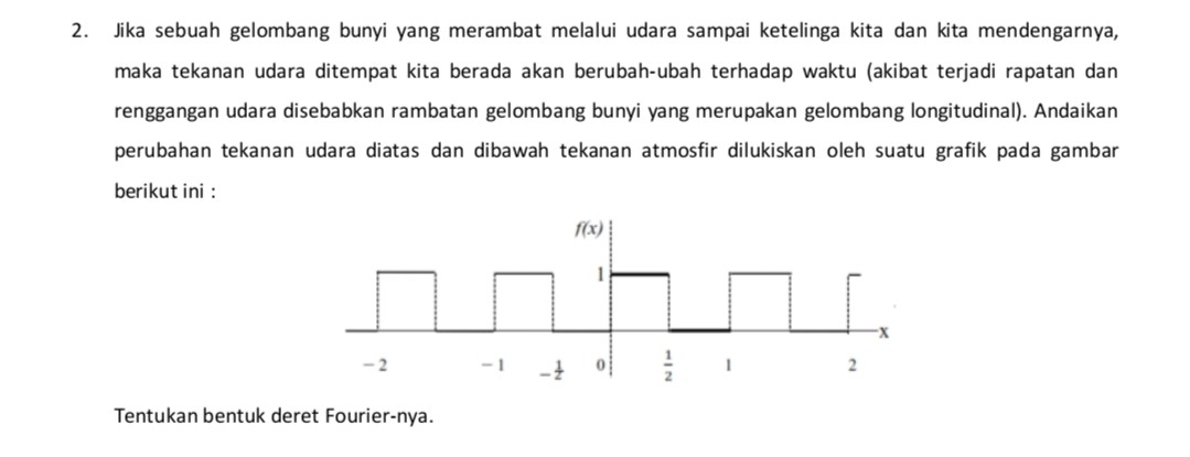 2. Jika sebuah gelombang bunyi yang merambat melalui udara sampai ketelinga kita dan kita mendengarnya, maka tekanan udara ditempat kita berada akan berubah-ubah terhadap waktu (akibat terjadi rapatan dan renggangan udara disebabkan rambatan gelombang bunyi yang merupakan gelombang longitudinal). Andaikan perubahan tekanan udara diatas dan dibawah tekanan atmosfir dilukiskan oleh suatu grafik pada gambar berikut ini :
Tentukan bentuk deret Fourier-nya.