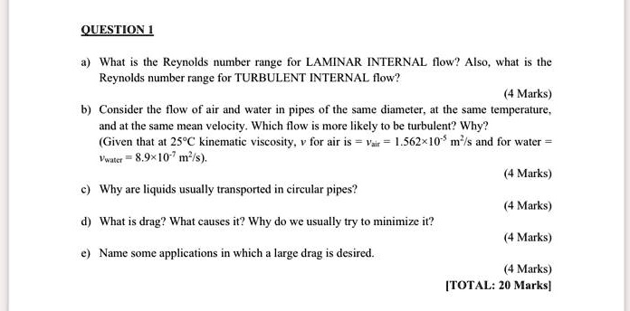 SOLVED: What is the Reynolds number range for LAMINAR INTERNAL flow ...