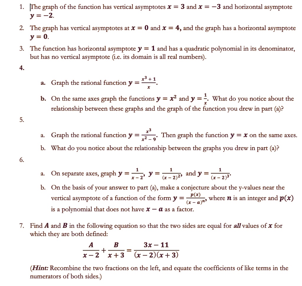 SOLVED: [The graph of the function has vertical asymptotes x = 3 and x 3  and horizontal asymptote Y = -2 The graph has vertical asymptotes at x = 0  and x =
