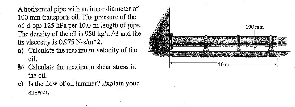 A horizontal pipe with an inner diameter of
100 mm transports oil. The pressure of the
oil drops 125 kPa per 10.0-m length of pipe.
The density of the oil is 950 kg/m^3 and the
its viscosity is 0.975 N-s/m^2.
a) Calculate the maximum velocity of the
oil.
b) Calculate the maximum shear stress in
the oil.
c) Is the flow of oil laminar? Explain your
answer.