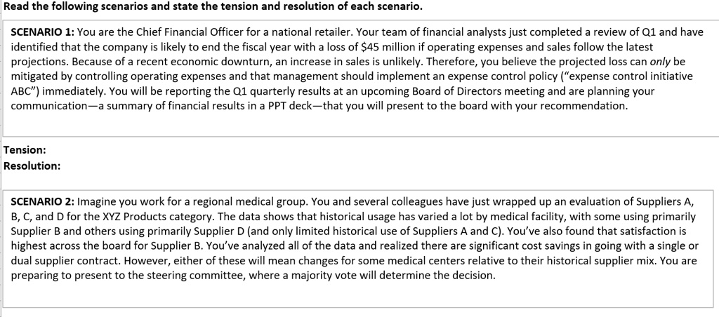 tension resolution read the following scenarios and state the tension and resolution of each scenario scenario 1you are the chief financial officer for a national retaileryour team of financ 52163