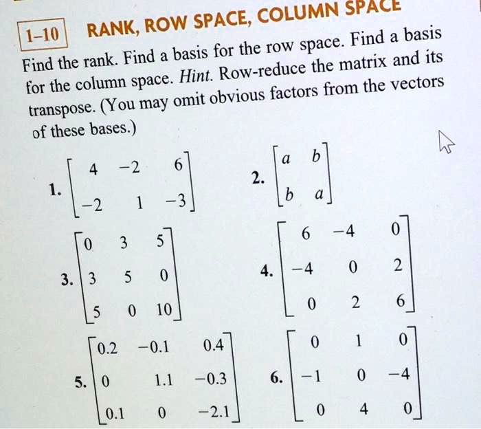 SOLVED RANK ROW SPACE COLUMN SPACE 1 10 Find a basis Tank Find