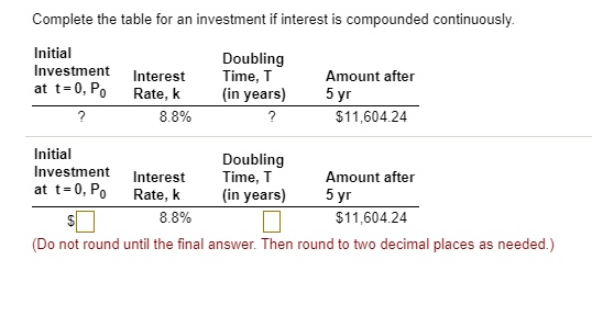 Complete the table for an investment if interest is compounded continuously.

Initial Investment at t = 0, P0 | Interest Rate, k | Doubling Time, T (in years) | Amount after 5 yr
? | 8.8% | ? | $11,604.24
| 8.8% | | $11,604.24
(Do not round until the final answer. Then round to two decimal places as needed.)