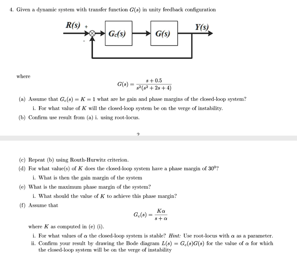 SOLVED: 4. Given a dynamic system with transfer function G(s) in unity ...