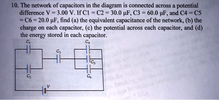 10. The network of capacitors in the diagram is connected across a potential difference V = 3.00 V. If C1 = C2 = 30.0 µF, C3 = 60.0 µF, and C4 = C5 = C6 = 20.0 µF, find (a) the equivalent capacitance of the network, (b) the charge on each capacitor, (c) the potential across each capacitor, and (d) the energy stored in each capacitor.