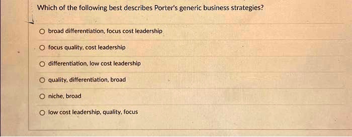 Which of the following best describes Porter's generic business strategies?
broad differentiation, focus cost leadership
focus quality, cost leadership
differentiation, low cost leadership
quality, differentiation, broad
niche, broad
low cost leadership, quality, focus