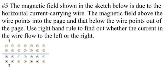 #5 The magnetic field shown in the sketch below is due to the horizontal current-carrying wire. The magnetic field above the wire points into the page and that below the wire points out of the page. Use right hand rule to find out whether the current in the wire flow to the left or the right.