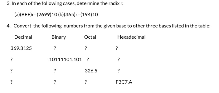 In each of the following cases, determine the radix r. (a) (BEE)r ...