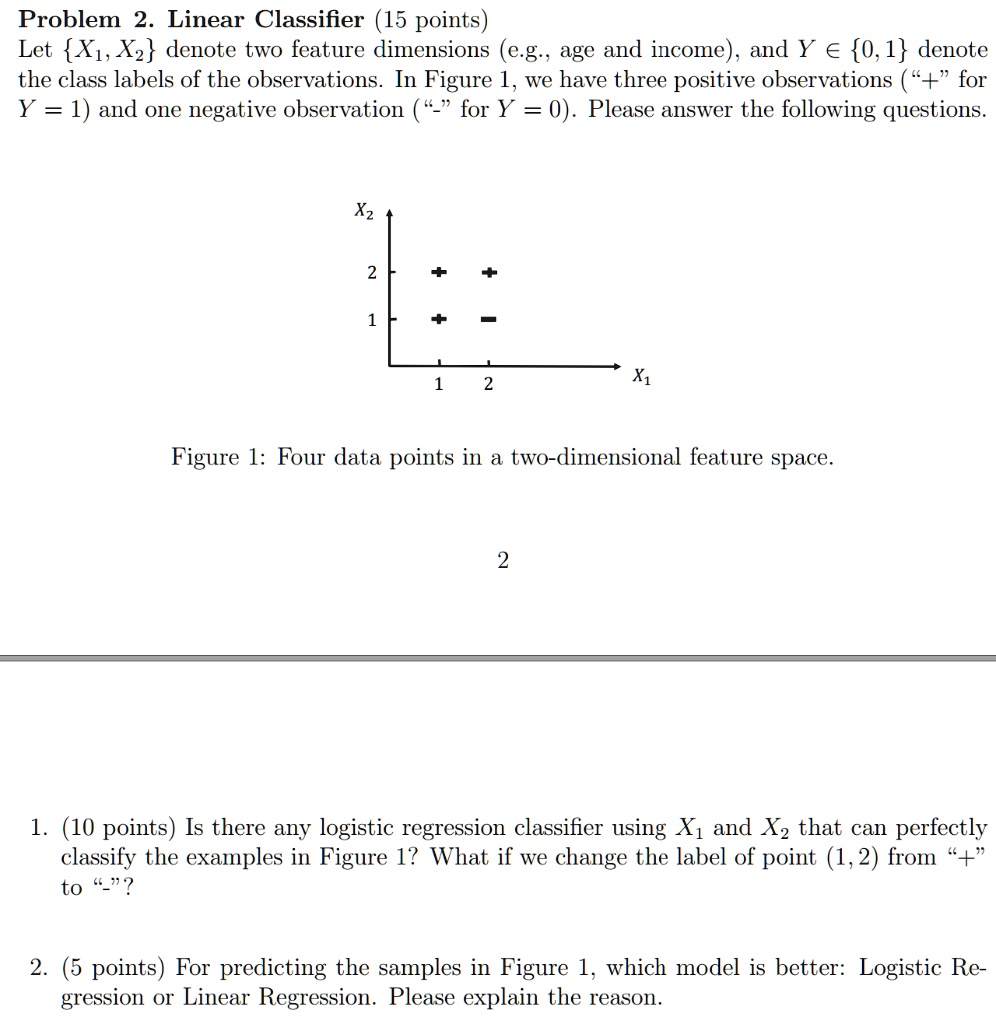 Problem 2. Linear Classifier (15 points)
Let X?, X? denote two feature dimensions (e.g., age and income), and Y ? 0, 1 denote the class labels of the observations. In Figure 1, we have three positive observations ("+" for Y = 1) and one negative observation ("-" for Y = 0). Please answer the following questions.

X?
2 | + +
1 | + -
–|—— X?
  | 1 2

Figure 1: Four data points in a two-dimensional feature space.

1. (10 points) Is there any logistic regression classifier using X? and X? that can perfectly classify the examples in Figure 1? What if we change the label of point (1, 2) from "+" to "-"?

2. (5 points) For predicting the samples in Figure 1, which model is better: Logistic Regression or Linear Regression? Please explain the reason.