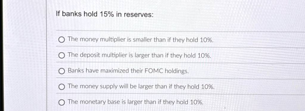 If banks hold 15% in reserves:
The money multiplier is smaller than if they hold 10%.
The deposit multiplier is larger than if they hold 10%.
Banks have maximized their FOMC holdings.
The money supply will be larger than if they hold 10%.
The monetary base is larger than if they hold 10%.