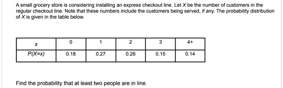 a small grocery store is considering installing an express checkout line let x be the number of customers in the regular checkout line note that these numbers include the customers being ser 64144