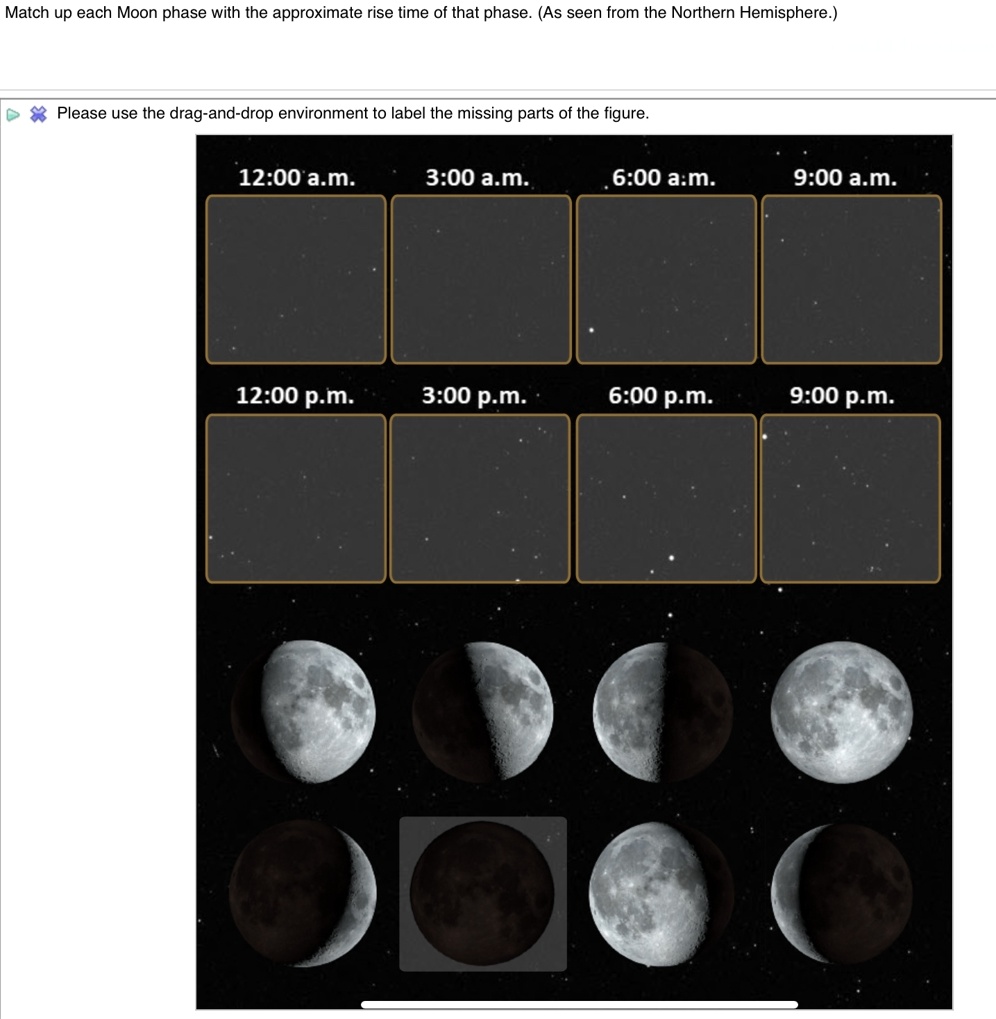 Match up each Moon phase with the approximate rise time of that phase. (As seen from the Northern Hemisphere.)
Please use the drag-and-drop environment to label the missing parts of the figure.
12:00 a.m.
3:00 a.m.
6:00 a.m.
9:00 a.m.
12:00 p.m.
3:00 p.m.
6:00 p.m.
9:00 p.m.