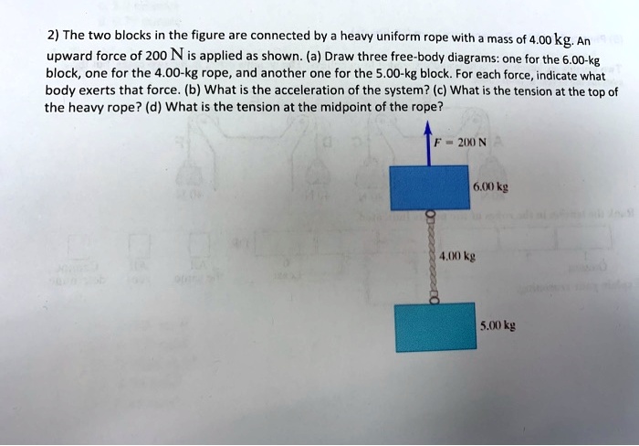 2) The two blocks in the figure are connected by a heavy uniform rope with a mass of 4.00 kg. An upward force of 200 N is applied as shown. (a) Draw three free-body diagrams: one for the 6.00-kg block, one for the 4.00-kg rope, and another one for the 5.00-kg block. For each force, indicate what body exerts that force. (b) What is the acceleration of the system? (c) What is the tension at the top of the heavy rope? (d) What is the tension at the midpoint of the rope?

F = 200 N
6.00 kg
4.00 kg
5.00 kg