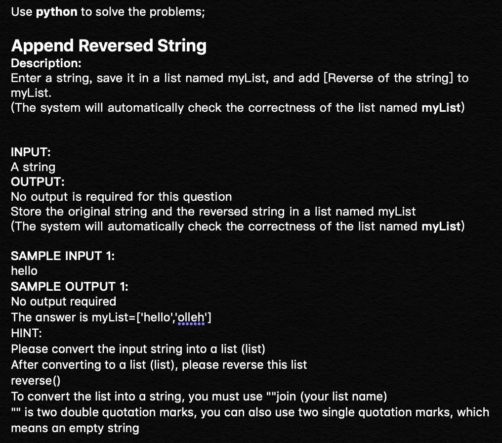 SOLVED: Use Python To Solve The Problems. Append Reversed String ...