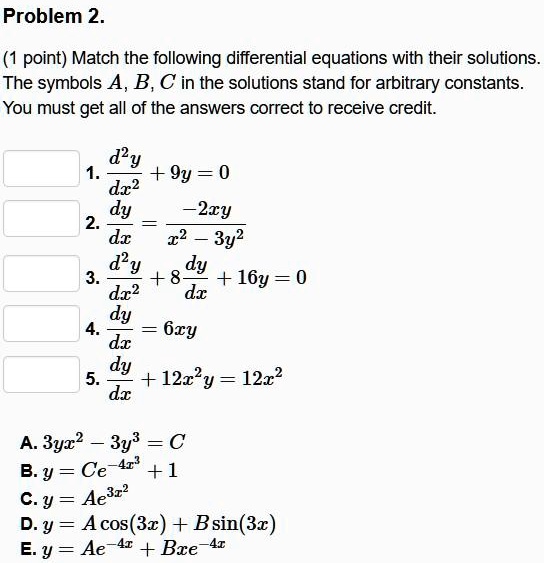 SOLVED: Problem 2 (1 Point) Match The Following Differential Equations ...