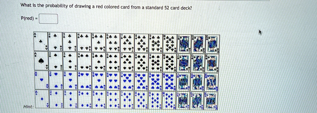 What is the probability of drawing a red colored card from a standard 52 card deck?
P(red) = 
Hint: