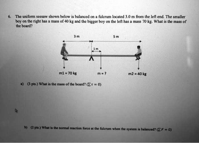 SOLVED The uniform seesaw shown below is balanced on fulcrum located 3,0 m from the lefl end