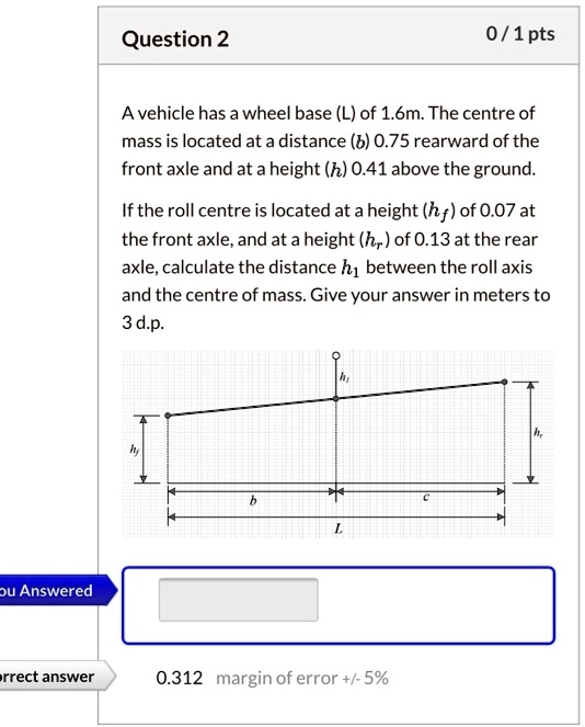 SOLVED: Question 2 0/1pts A vehicle has awheel baseLof 1.6m.The centre ...
