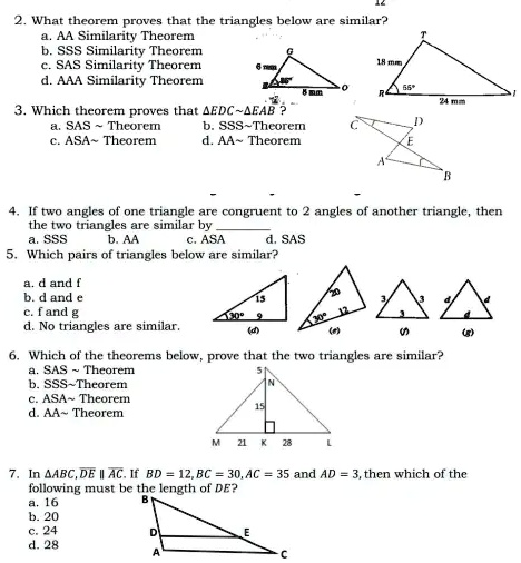 SOLVED: What theorem proves that the triangles below are similar? a. AA ...