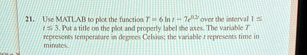SOLVED: Please help. Use MATLAB to plot the function T = 6 * ln(t) * e ...