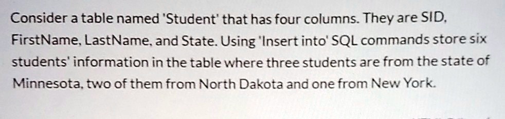 Consider a table named 'Student' that has four columns. They are SID ...